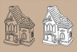 vector de casa de pan de jengibre. ilustración vectorial en blanco y negro. para colorear y diseñar libros. linda ilustración. casa de juguete
