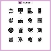 Pack of 16 Modern Solid Glyphs Signs and Symbols for Web Print Media such as location iphone gadget android smart phone Editable Vector Design Elements