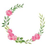 Watercolor Floral Wreath with Rose pink Flowers and green leaves. Hand drawn Round Frame for greeting cards or wedding invitations. Illustration on isolated background. Botanical drawing with plants vector