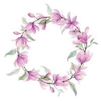 Watercolor Wreath with pink Flowers and green leaves. Hand drawn illustration of circle frame with Magnolia or Rose on isolated background. Botanical border for greeting cards or wedding invitations