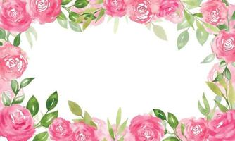 Watercolor Floral rectangular Frame with pink Rose Flowers and green leaves. Hand drawn template for greeting cards or wedding invitations on isolated background. Painted botanical illustration vector