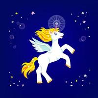 Joyful cartoon white unicorn with fly-away yellow and orange mane and tail, shiny magical horn and wings, rearing up in colourful stars in shiny blue sky. Flat illustration for prints, decor vector