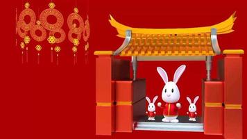 año nuevo chino 2023 año del buey, rojo y dorado y conejo, linternas y elementos asiáticos con estilo artesanal en el fondo. Feliz año nuevo. Animación de video en bucle de 4k con espacio de copia
