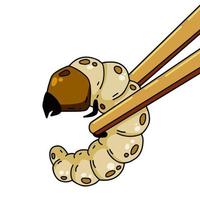 Edible larva. Eating caterpillar with chopsticks. Asian snack and street fast food. Source of insect protein. vector