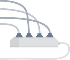 Muchos enchufes para enchufar con cables. carga en el sistema. ilustración plana de dibujos animados. alto voltaje y corriente. toma de corriente. electrodomestico en casa vector