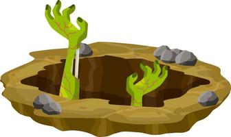 Grave. Hole in brown ground. Green hands of dead zombie. Element of Halloween. Bones and rotting corpse. Scary illustration. Flat cartoon vector