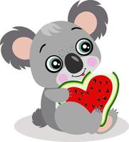 amoroso koala comiendo una rodaja de sandía en forma de corazón vector