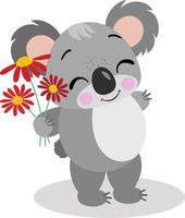 amoroso koala sosteniendo un ramo de flores rojas vector