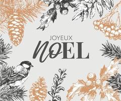 Merry Christmas in French language. Joyeux Noel modern brush vector calligraphy. Hand drawn calligraphic phrase isolated on white background. Typography for greeting card, postcards, poster, banner.