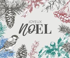 Merry Christmas in French language. Joyeux Noel modern brush vector calligraphy. Hand drawn calligraphic phrase isolated on white background. Typography for greeting card, postcards, poster, banner.