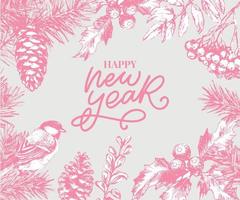 feliz navidad y feliz año nuevo tarjeta botánica abstracta con banner de marco cuadrado y tipografía moderna. diseño de saludo de colores pastel verde y rosa. aislado. vector