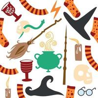 Witches school of magical objects seamless pattern in flat style vector