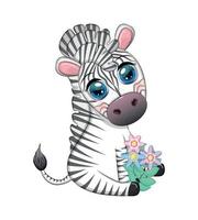 Striped zebra in a wreath of flowers, with a bouquet. Spring is coming vector