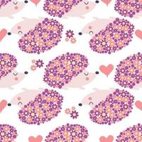seamless childish floral pattern with flowers and cute hedgehogs on black background vector