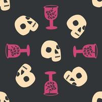 Skull, snake, goblet, magic symbols seamless pattern. Magic and death, on a dark background. vector