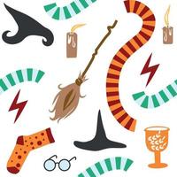 Witches school of magical objects seamless pattern in flat style vector