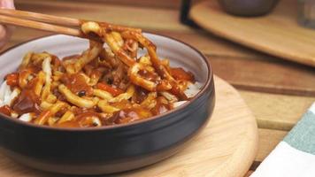video per il ciotola di curry spaghetto o udon è strofinato con bastoncini nel giapponese cibo stile. pronto per mangiare pasto. cucina tradizionale cibo concetto.