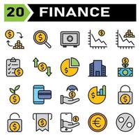 el conjunto de iconos de finanzas incluye conversión, intercambio, moneda, dinero, oro, búsqueda, lupa, dólar, inversión, banco, caja fuerte, seguridad, ahorro, finanzas, disminución, gráfico, estadística, documento, compra vector