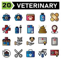 el conjunto de iconos veterinarios incluye portador, veterinario, mascota, caja, gato, perro, calendario, cita, veterinario, horario, medicación, suplemento, vitamina, vacuna, bandido, clínica, médico, jeringa, virus, huir vector