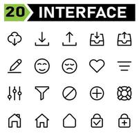 User interface icon set include cloud, weather, download, user interface, arrows, upload, draw, pencil, edit, face, emoticon, smile, sad, love, favorite, filter, menu, option, tunnel, block full cross vector