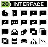 User interface icon set include cookie, biscuit, cake, chocolate chip, user interface, door, open, lo gin, enter, comment, add, text, bubble, cross, minus, edit, message, question, check, info,warning vector