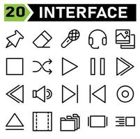 Web interface icon set include pin, web app, pushpin, tack, thumbtack, fasten, eraser, clean, remove, rubber, microphone, record, audio, board cast, headphone, support, earphone, gallery, picture vector