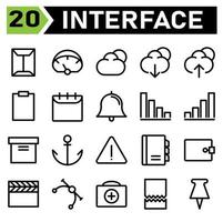 Web interface icon set include envelope, web app, mail, email, document, dashboard, page, response, performance, cloud, computing, storage, internet, download, arrows, data, backup, upload, clipboard vector