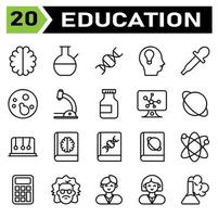 Education icon set include brain, mind, neuron, intelligence, science, glassware, beaker, laboratory, education, genetic, gene, head, android, robot, idea, dropper, pipette science, bacteria vector