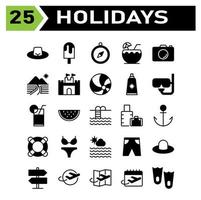 Holidays icon set include hat, fashion, beach, cap, holiday, trip, ice cream, dessert, cold, navigation, compass, direction, location, coconut, drink, juice, beverage, camera, photo, photography vector