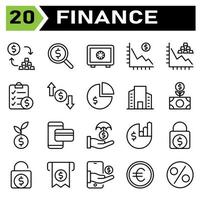 el conjunto de iconos de finanzas incluye conversión, intercambio, moneda, dinero, oro, búsqueda, lupa, dólar, inversión, banco, caja fuerte, seguridad, ahorro, finanzas, disminución, gráfico, estadística, documento, compra vector