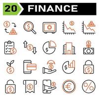 Finance icon set include conversion, exchange, currency, money, gold, search, magnifier, dollar, investment, bank, safe, security, saving, finance, decrease, graph, statistic, document, purchase vector