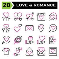 El conjunto de iconos de amor y romance incluye globo, amor, romántico, corazón, San Valentín, roto, romance, pareja, boda, calendario, fecha, chat, conversación, clave, doble, favorito, correo, mensaje, sobre vector