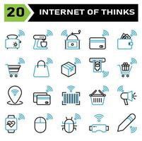 Internet of things icon set include toaster, bread, internet of things, mixer, grinder, coffee, credit card, payment, wallet, money, trolley, cart, bag, box, package, buy, gift, pin, location,bar code vector