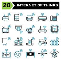 Internet of things icon set include cabinet, furniture, internet of things, sofa, couch, air conditioner, telephone, television, camera, action camera, router, processor, charger, port,school,building vector