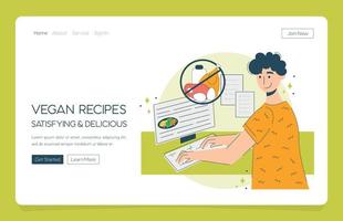 Web app landing  happy man chooses veganism and vegetables. Concept vegetarian diet a man searches the internet for recipes for vegan delicious meals vector