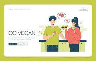 Web app landing  Happy couple chooses veganism and vegetables. Concept vegetarian diet happy couple in the kitchen discussing vegetarianism and eating fruits and vegetables vector