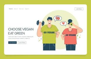 La pareja feliz de aterrizaje de la aplicación web elige el veganismo y las verduras. concepto dieta vegetariana pareja feliz en camisetas volverse vegano alienta a otros a elegir el vegetarianismo vector