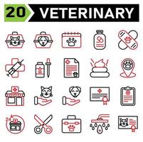 el conjunto de iconos veterinarios incluye portador, veterinario, mascota, caja, gato, perro, calendario, cita, veterinario, horario, medicación, suplemento, vitamina, vacuna, bandido, clínica, médico, jeringa, virus, huir vector