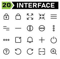 User interface icon set include padlock, lock, user interface, maximize, size, full screen, minimize, menu, align, minus, remove, more, circle, vertical, horizontal, notification, square,message,alarm vector