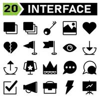 Web interface icon set include layer, web app, add, stack, server, key, keyword, security, protect, image, album, picture, photos, heart, essential, favorite, broken, crack, flag, milestone, finish vector