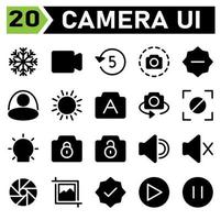 Photo Camera icon set include mode, photo, shoot, effect, camera, video, device, media, multimedia, timer, countdown, five, screen shot, snapshot, interface, minus, reduce, brightness, background vector