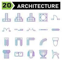 Architecture symbol icon set include pad, footing, structure, stepped, sloped, column, concrete, single, door, double, sliding, window, ventilation, stair, walk, step, u stair, l stair, curved, toilet vector