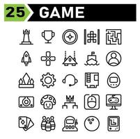 Play Game icon set include chess, game, strategy, piece, player, trophy, champion, award, cup, target, sniper, aim, shoot, car, classic, arcade, phone, maze, play, brain, rocket, spaceship, switch vector