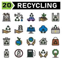 Ecology and Recycle icon set include  nuclear, radioactive, radiation, toxic, power, faucet, water, ecology, eco, vehicle, recycling, car, transportation, had, friendly, plant, nature, plastic, bag vector