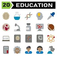 el conjunto de iconos de educación incluye cerebro, mente, neurona, inteligencia, ciencia, cristalería, vaso de precipitados, laboratorio, educación, genética, gen, cabeza, androide, robot, idea, cuentagotas, pipeta ciencia, bacterias vector