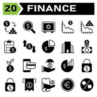 Finance icon set include conversion, exchange, currency, money, gold, search, magnifier, dollar, investment, bank, safe, security, saving, finance, decrease, graph, statistic, document, purchase vector