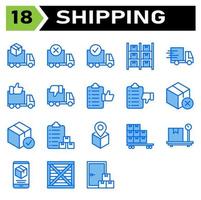 El conjunto de iconos de envío y logística incluye camión, entrega, envío, caja, pedido, cancelado, completo, logística, almacenamiento, almacén, inventario, estante, expreso, rápido, urgente, me gusta, no me gusta, lista vector