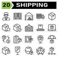 Shipping and logistic icon set include man, delivery, holding, service, courier, customer, bar code, tracking, order, bar, code, shipping, warehouse, garage, storehouse, logistic, box, cargo, truck vector