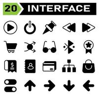 User interface icon set include play, button, circle, start, interface, power, power on, power office, push pin, pin, location, map, user interface, rewind, backward, left arrow, rewind backward vector