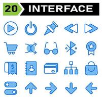 el conjunto de iconos de la interfaz de usuario incluye reproducir, botón, círculo, inicio, interfaz, encendido, encendido, oficina de energía, alfiler, alfiler, ubicación, mapa, interfaz de usuario, rebobinar, retroceder, flecha izquierda, rebobinar hacia atrás vector